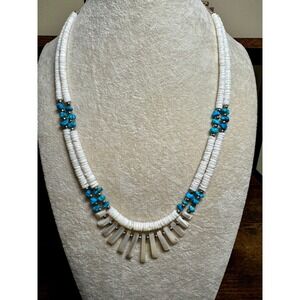 VTG Southwestern MOP White Heishi Beaded Double Strand Necklace 22" Blue Stone